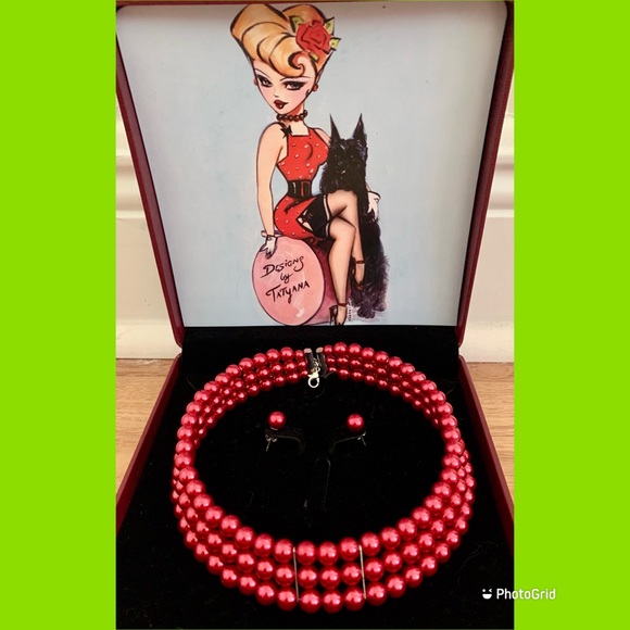 Tatyana Jewelry - Tatyana Faux Pearl Choker and Studs Set Red PinUp